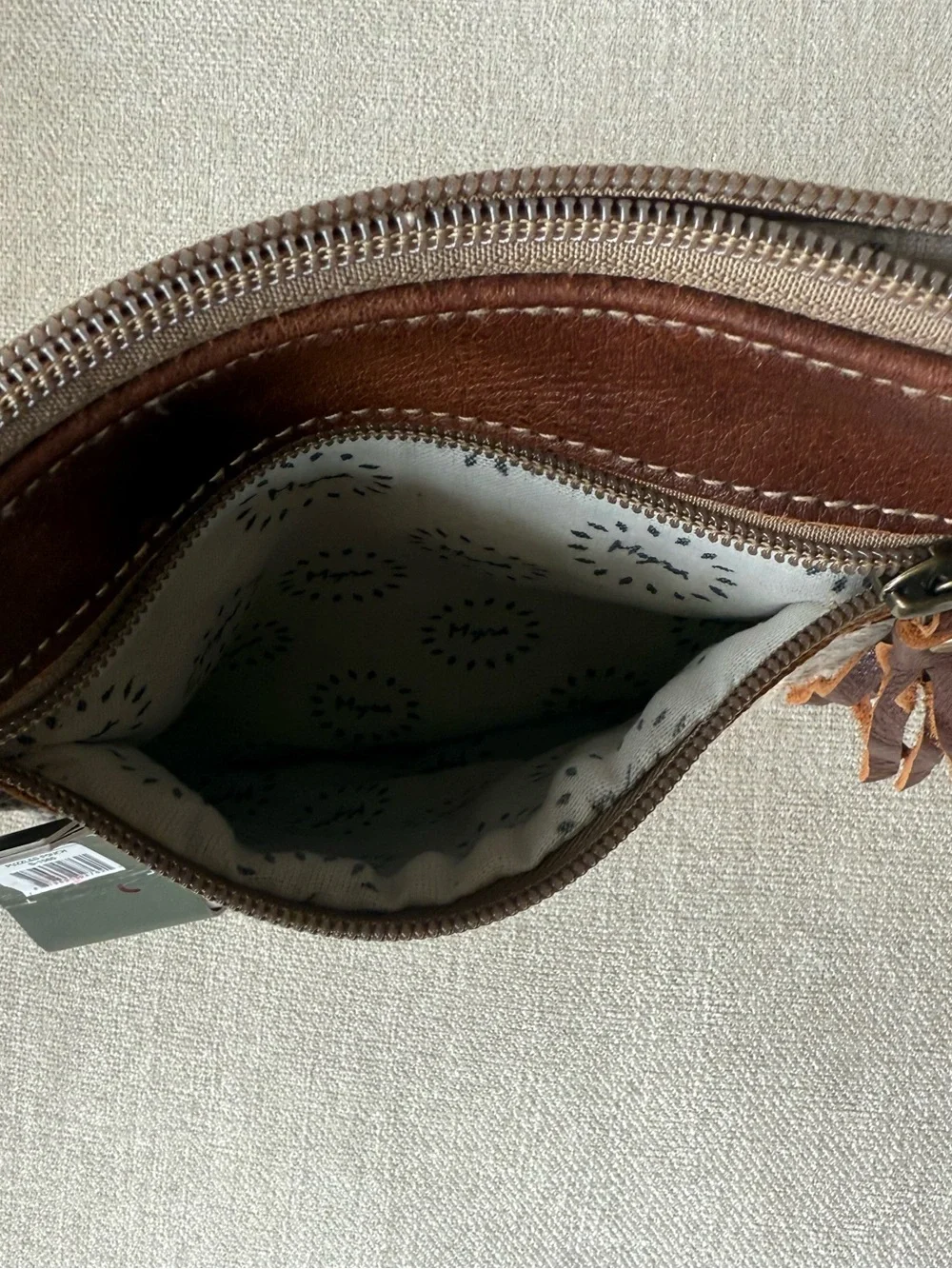 Myra Bag Brown Leather & Beige Gray Woven Wristlet Clutch with Tassel